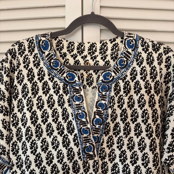 Tory Burch Amara dress small cotton block print cream blue tie Guru Print - Picture 5 of 11